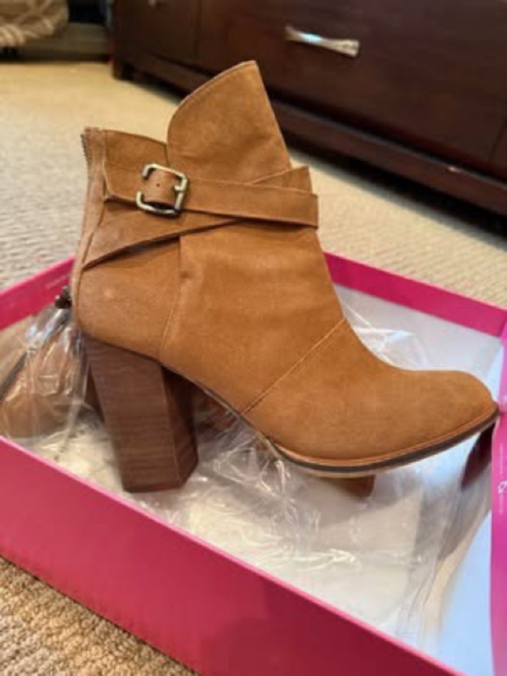 Chinese Laundry Tan Suede Buckle Block Heel Ankle Booties